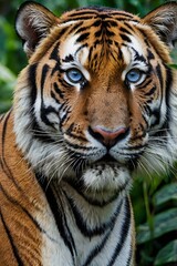 Fototapeta premium A powerful close-up of a Bengal tiger with piercing blue eyes, gazing intensely at the camera, set against a lush jungle backdrop. Perfect for wildlife and nature themes.