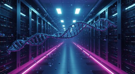 Dna helix floating in a futuristic server room with blue and pink lights illuminating the scene viewed