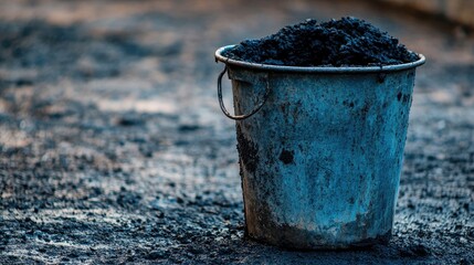 Naklejka premium A large metal bucket filled with fresh asphalt beside a repair zone.
