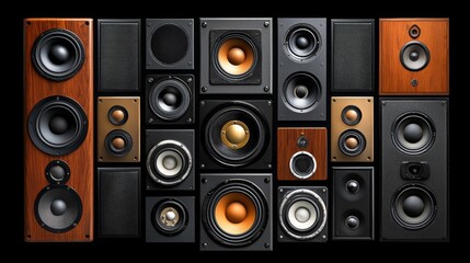 A collection of various audio speakers arranged in a visually striking pattern