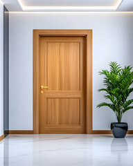 Modern light wood interior door in minimalist hallway with marble floor and plant