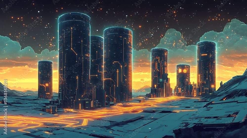 Aufkleber a conceptual illustration of a city with buildings shaped like computer processors, surrounded by gl