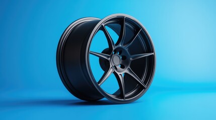 Obraz premium A matte black alloy wheel resting against a vibrant blue background with soft gradient lighting.