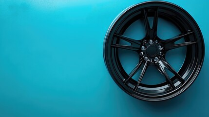 Obraz premium A matte black alloy wheel resting against a vibrant blue background with soft gradient lighting.