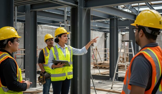 Hispanic woman construction manager instructs male workers at construction site. Emphasizes teamwork and leadership.