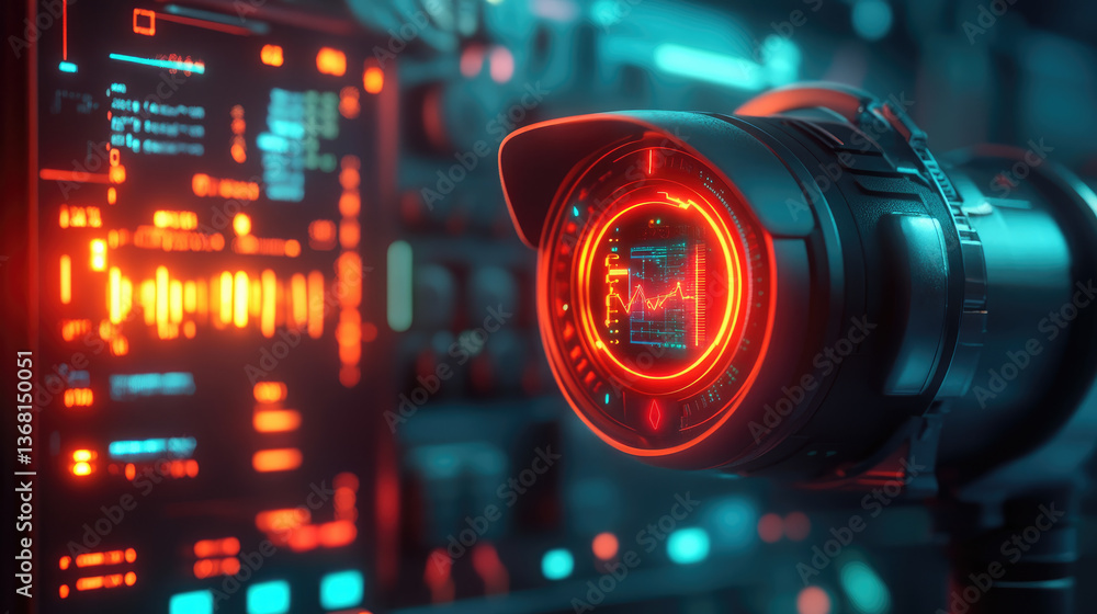 Poster exploring advanced camera technology digital lab -tech equipment neon environment close-up view inno