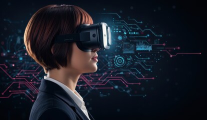 Asian woman wearing virtual reality headset in digital environment showcasing innovation and technology themes.