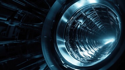 A modern, high-performance jet engine turbine glowing under soft industrial lighting.