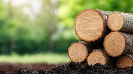 Stacked logs on soil with a blurred green background, showcasing nature's materials in a serene outdoor setting.