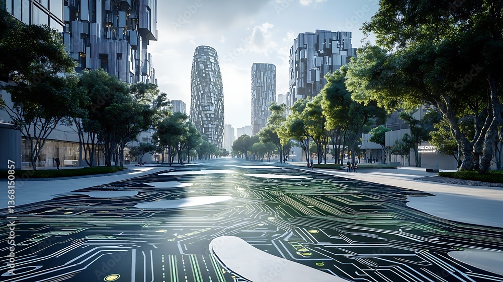 Poster a futuristic city plaza designed with giant circuit board patterns on the ground, blending seamlessl