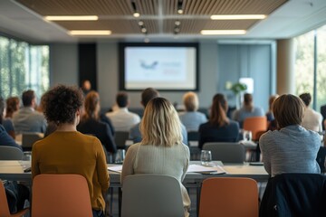 Diverse team at a corporate symposium gathers attentively in a spacious conference room for an engaging presentation