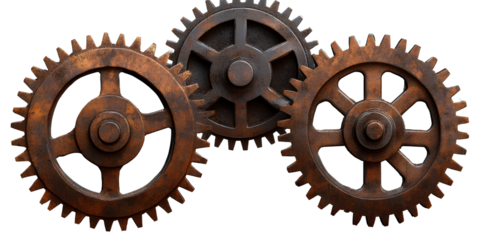 Three gears, gear cutout, metal material, industrial style, transparent background 