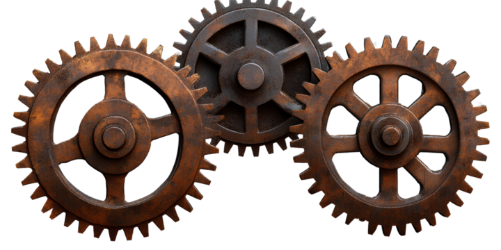 Three gears, gear cutout, metal material, industrial style, transparent background  - Powered by Adobe
