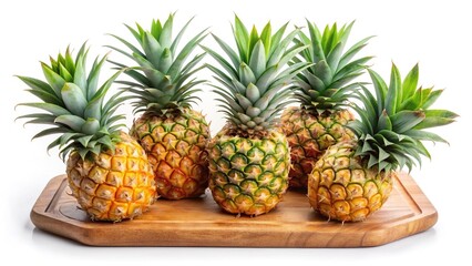 Five Ripe Mini Pineapples on a Wooden Cutting Board Isolated on White Background
