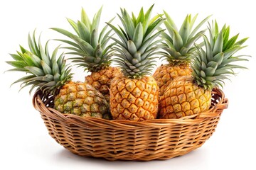 A wicker basket overflowing with five ripe juicy pineapples on a white background