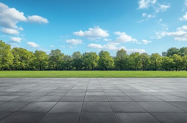 Fototapeta premium Walking Path in Park with Green Trees and Blue Cloudy Sky