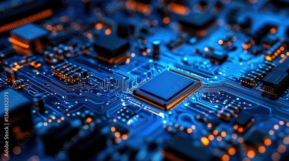 Poster 3d rendering of blue circuit board with glowing chip and electronic components in dark environment, 