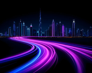 Night cityscape with vibrant light trails of a highway leading to skyscrapers