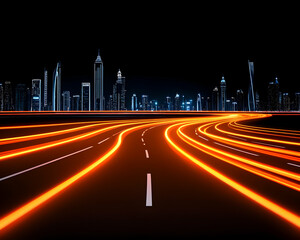 Night cityscape with glowing orange light trails on a curving highway