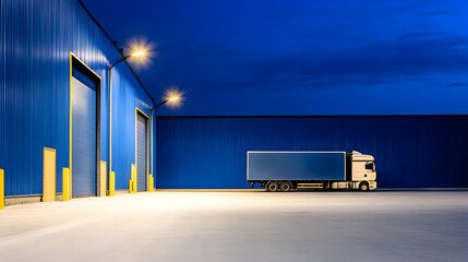 Night scene of a delivery truck parked outside a blue warehouse