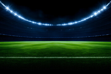Night stadium, illuminated field, empty seats