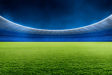 Night stadium, green field, blue seats, spotlight
