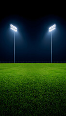 Night stadium, illuminated field, two bright spotlights
