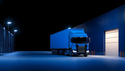 Nighttime delivery truck at warehouse loading bay