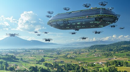 A massive airborne warehouse floating above a rural landscape, surrounded by drones taking off and returning with packages. The warehouse is futuristic, with solar panels