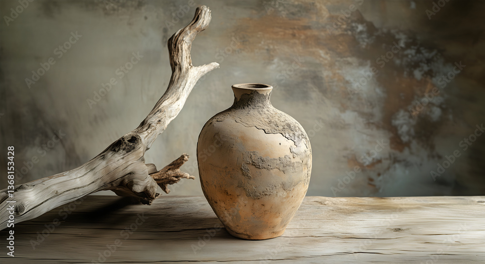 Poster creative minimal concept. rustic vase with weathered driftwood on natural sand stone clay shadow bac