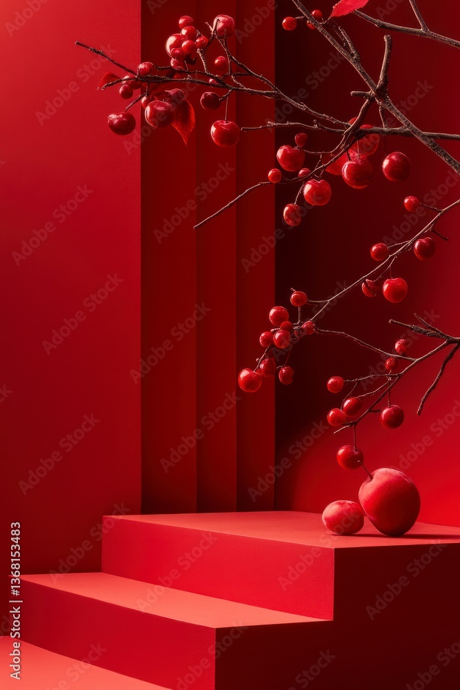 Poster red berries on branch with staircase in a red modern setting