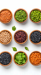 Nine bowls of various legumes and fresh herbs arranged on white background