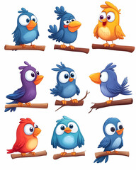Nine colorful cartoon birds perched on branches