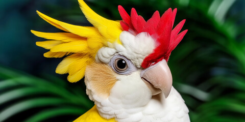 Colorful cockatoo with bright red and yellow crest feathers in lush tropical environment, exotic parrot bird close-up