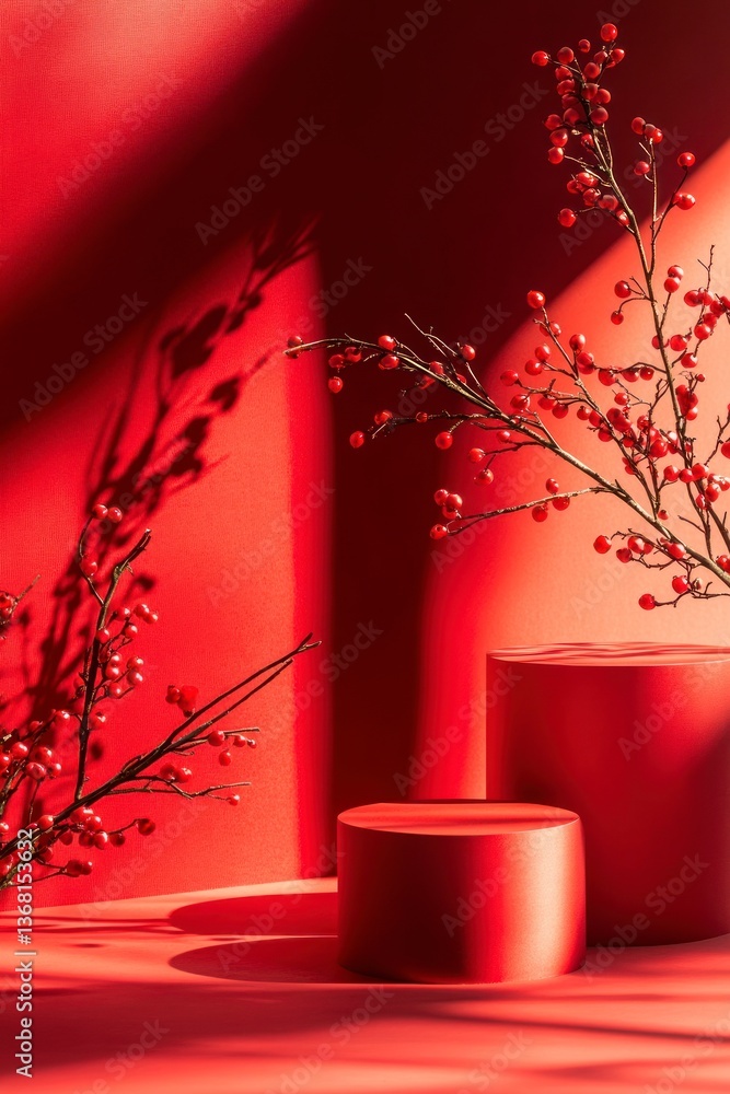 Poster red berry branch display with two cylinder podiums in red setting