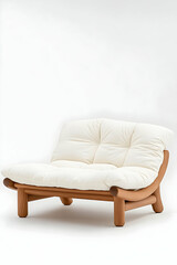 Off-white cushioned loveseat on light brown wooden frame
