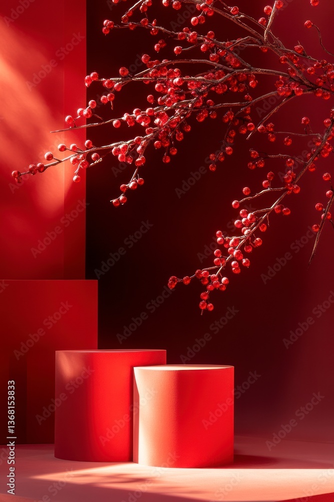 Poster red podium display with berry branch for product showcase or presentation