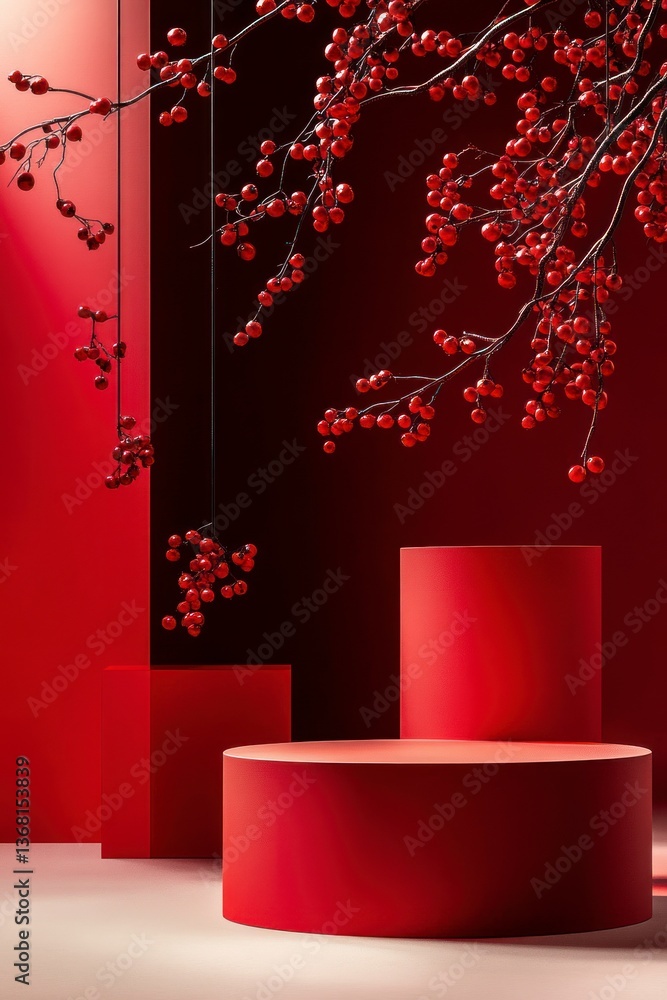 Poster red berries on branches with geometric podiums product display backdrop
