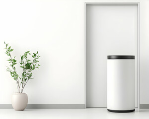 Minimalist interior with plant, white cylinder, and door