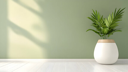 Minimalist interior with potted plant, sunlight, and muted green wall