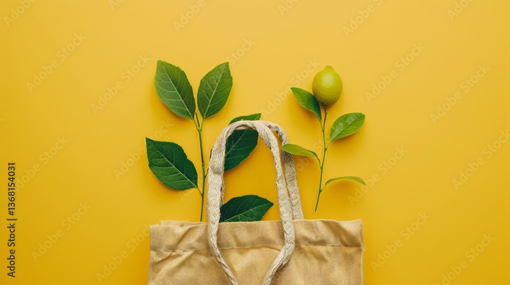 Poster bright yellow background with lemon tree branches growing from a reusable shopping bag