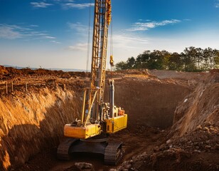construction site featuring heavy machinery drilling into the ground showcasing industrial work in a deep excavation