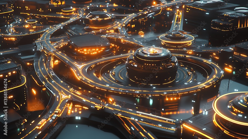 Poster a futuristic transportation network in a smart city, visualized with glowing pathways and interconne
