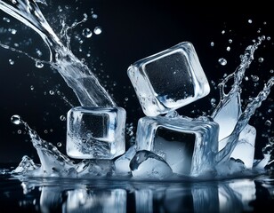 ice cubes and water splashes on a black background