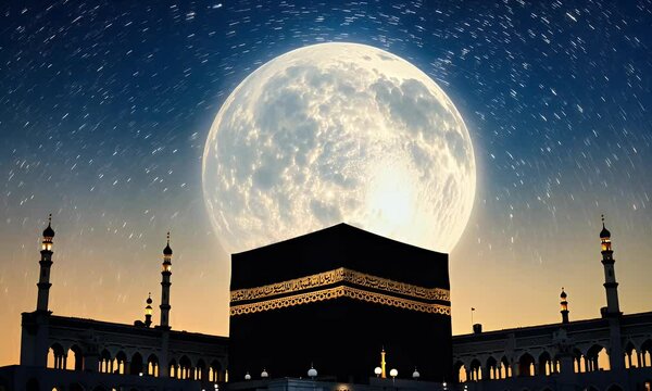 Illustration of The Holy Kaaba Building At Night with Starry Sky