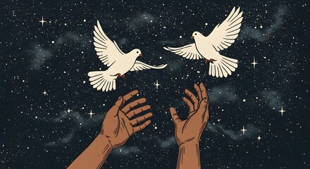 A stylized digital art piece showing hands releasing white doves into the sky, representing peace and remembrance 