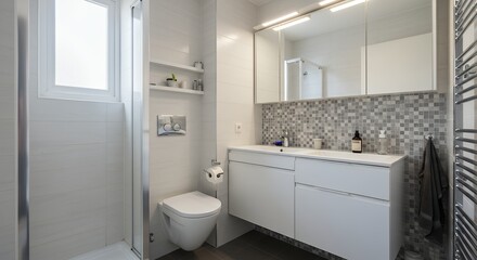 Modern Bathroom Interior Design with White Fixtures and Gray Accents