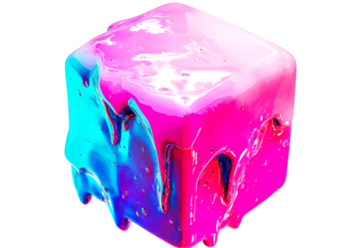 Surreal Neon Melting Cube with Digital Overlay and Noise Effects Isolate on Transparent Background, cutout, png