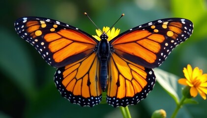 Naklejka premium Vibrant monarch butterfly with intricate patterns and delicate wings, colorful, delicate wings, beautiful