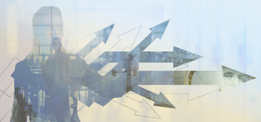 Woman in suit. Employee at work. Use pencil. People Silhouette background facades. Money with a magnifying glasss.